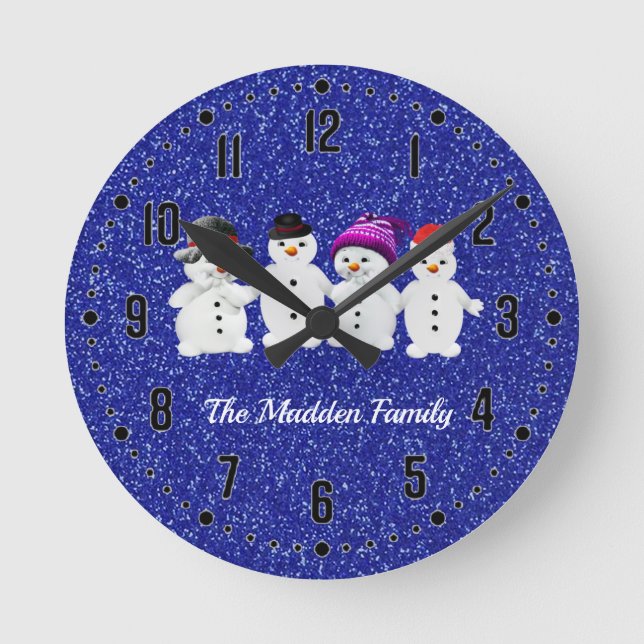 Family of Four Snowmen Blue Sparkle Winter Round P Round Clock (Front)