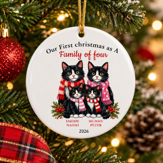 Family of four, tuxedo cat christmas personalised ceramic ornament