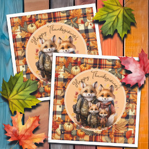 Family of Foxes Happy Thanksgiving Pumpkins Plaids Napkin
