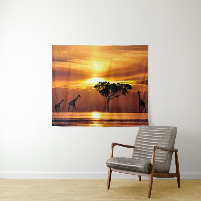 Family of Giraffes at Sunset Wall Art Tapestry (In Situ (Horizontal))