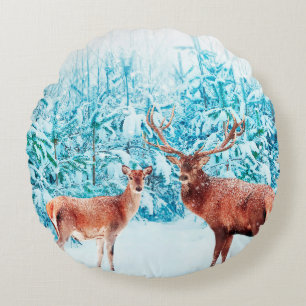 Family of noble deer in a snowy winter. Christmas Round Cushion