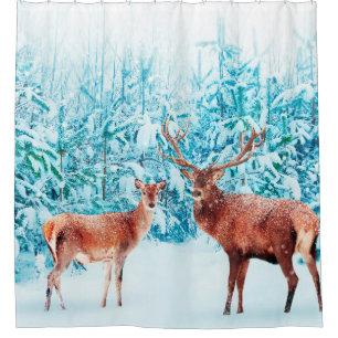 Family of noble deer in a snowy winter. Christmas Shower Curtain