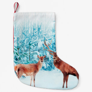 Family of noble deer in a snowy winter. Christmas  Small Christmas Stocking