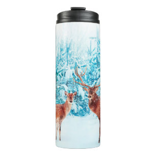 Family of noble deer in a snowy winter. Christmas  Thermal Tumbler