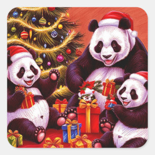 Family Of Pandas Opening Christmas Presents Square Sticker