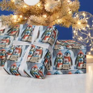 Family of Penguins With a Fun Sign Wrapping Paper
