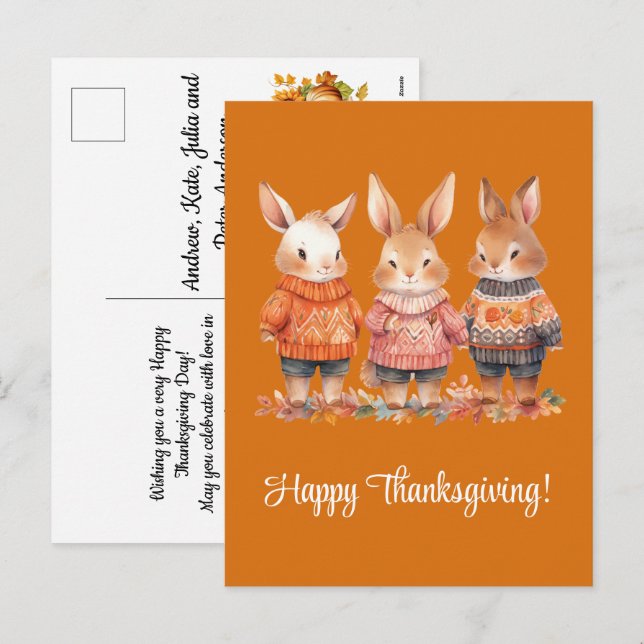 Family of Rabbits Happy Thanksgiving Holiday Postcard (Front/Back)
