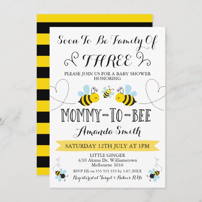 Family Of Three Bee Themed Baby Shower Invitation (Front/Back)
