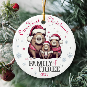 Family of Three Capybara Snowflake First Christmas Ceramic Ornament
