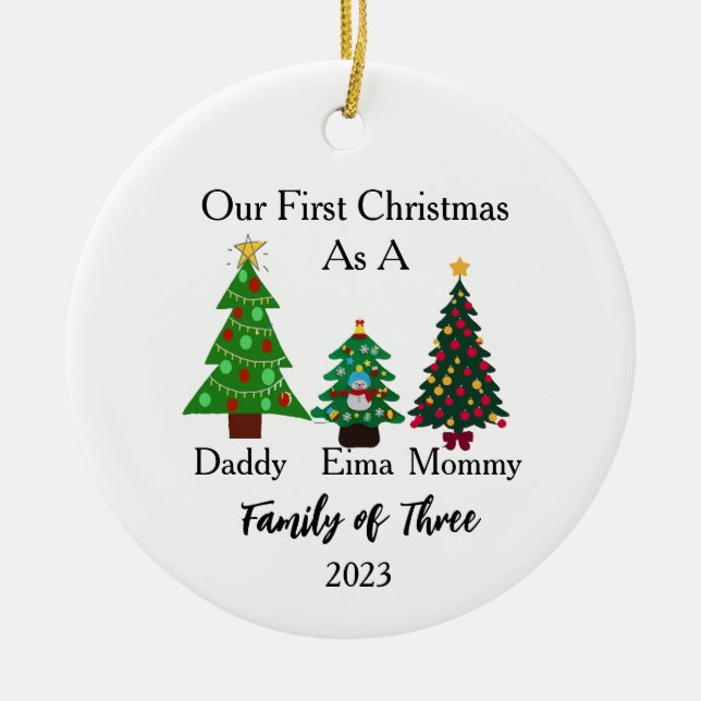 Family of Three Christmas, Personalised Christmas Ceramic Ornament (Front)