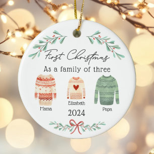 Family of Three Christmas Sweaters Baby Photo Ceramic Ornament
