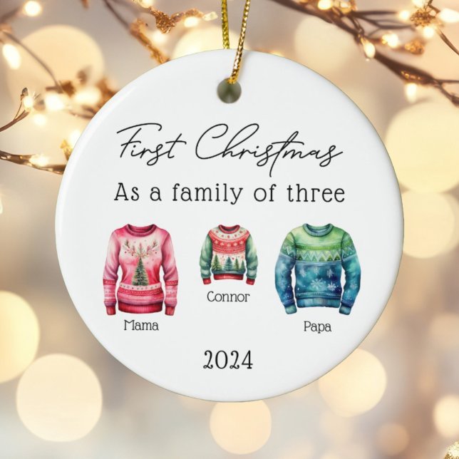 Family of Three Christmas Sweaters Baby Photo Ceramic Ornament (Creator Uploaded)