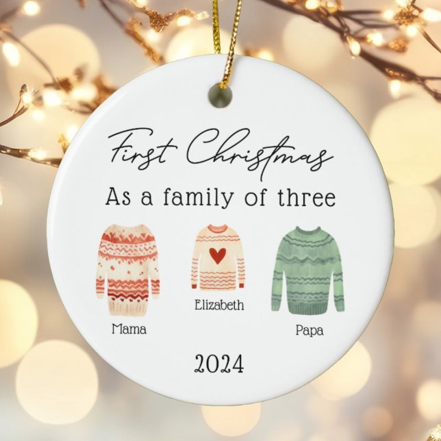 Family of Three Christmas Sweaters Baby Photo Ceramic Ornament (Creator Uploaded)