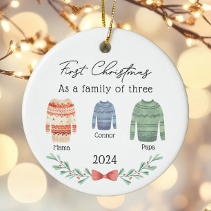 Family of Three Christmas Sweaters Boy Baby Photo Ceramic Ornament