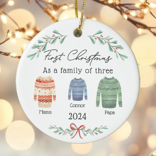Family of Three Christmas Sweaters Boy Baby Photo Ceramic Ornament