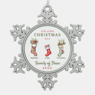 Family of Three First Christmas Snowflake Pewter Christmas Ornament