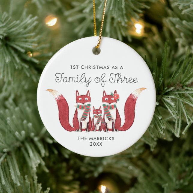 Family of Three Personalised Cute Woodland Foxes Ceramic Ornament (Tree)