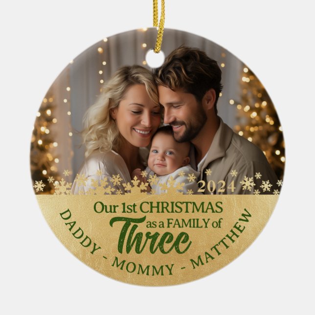 Family of Three Photo Ornament First Christmas  (Front)