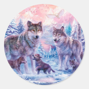Family Of Wolves Painting Classic Round Sticker