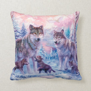 Family Of Wolves Painting Cushion