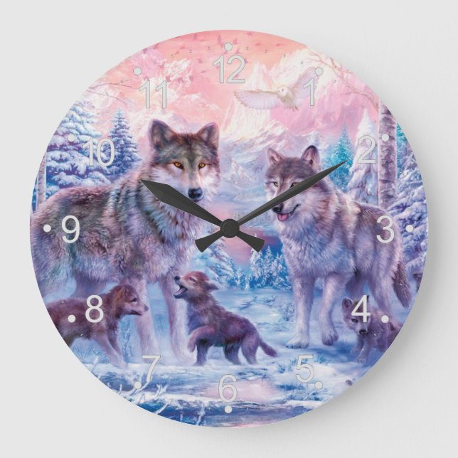Family Of Wolves Painting Large Clock (Front)