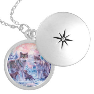 Family Of Wolves Painting Locket Necklace