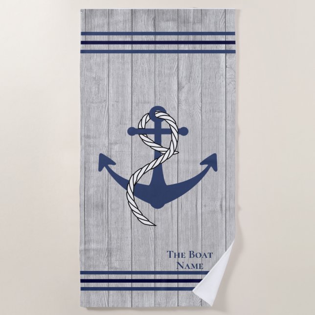 Family or Boat Name Navy Anchor Rope Nautical Beach Towel (Front)