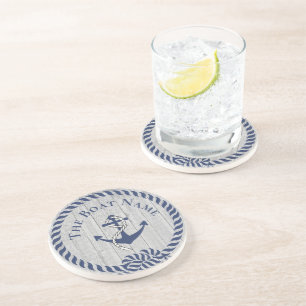 Family or Boat Name Navy Anchor Rope Nautical Coaster