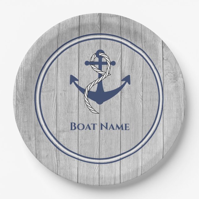 Family or Boat Name Navy Anchor Rope Nautical Napk Paper Plate (Front)