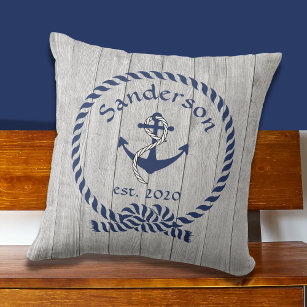 Family or Boat Name Navy Anchor Rope Nautical Thro Cushion