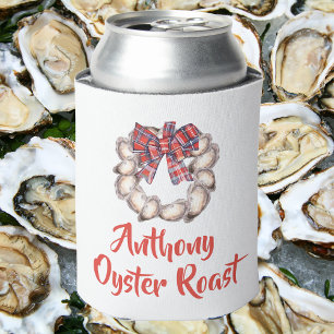 Family Oyster Roast Oyster Wreath Plaid Ribbon Can Cooler