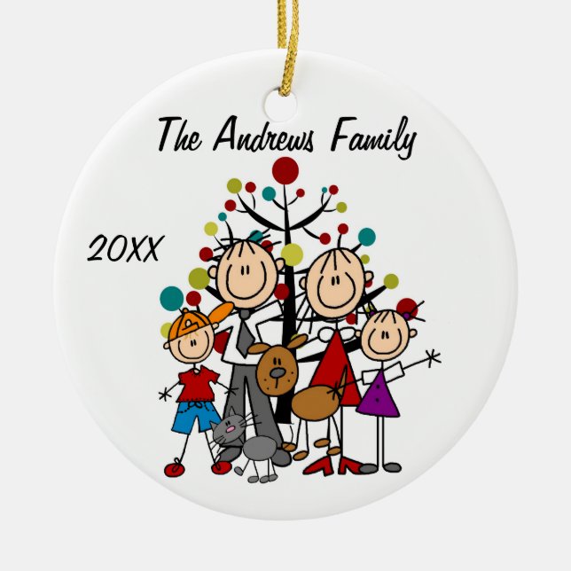 Family Parents, Boy, Girl, Dog, Cat Ornament (Front)