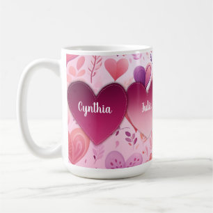 Family patched hearts on pattern with name coffee mug