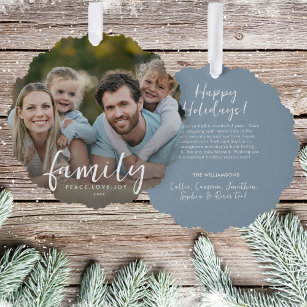 Family Peace Love Joy Custom Christmas Photo Text  Tree Decoration Card