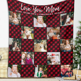 Family Personalised Red Plaid 13 Photo Collage Fleece Blanket