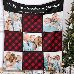 Family Personalised Red Plaid 5 Photo Collage Fleece Blanket