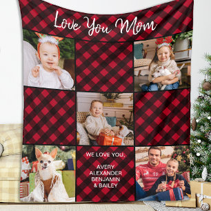 Family Personalised Red Plaid 5 Photo Collage Fleece Blanket