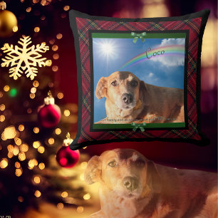 Family Pet Photo Red Tartan Plaid Rainbow Bridge Cushion