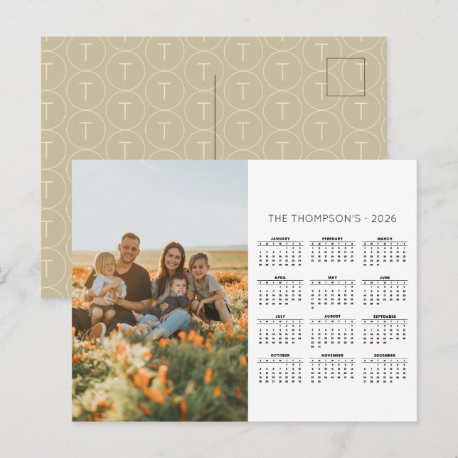 Family Photo 2026 Calendar 12 Month Monogram Holiday Postcard (Front/Back)
