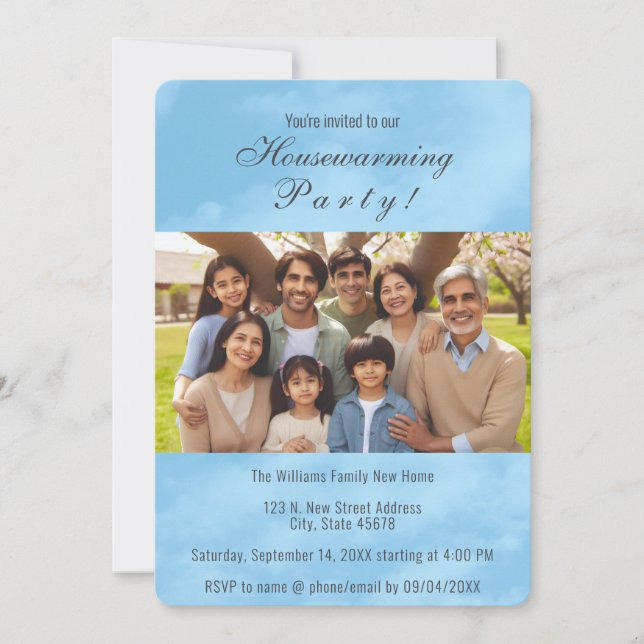 Family Photo and Blue Sky Housewarming Invitation (Front)
