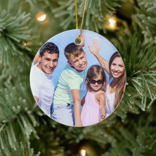 Family Photo and Name Red Glitter  Ceramic Ornament (Tree)