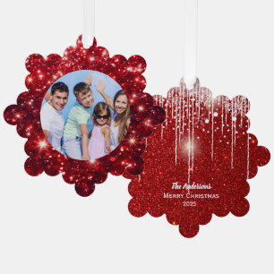 Family Photo and Name Red Glitter Tree Decoration Card