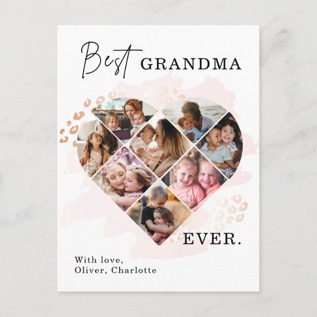 Family Photo Best Grandma Ever Heart Shape 8 Photo Announcement Postcard (Front)