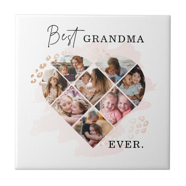Family Photo Best Grandma Ever Heart Shape 8 Photo Ceramic Tile (Front)