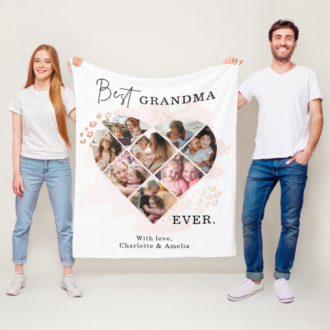 Family Photo Best Grandma Ever Heart Shape 8 Photo Fleece Blanket (In Situ)