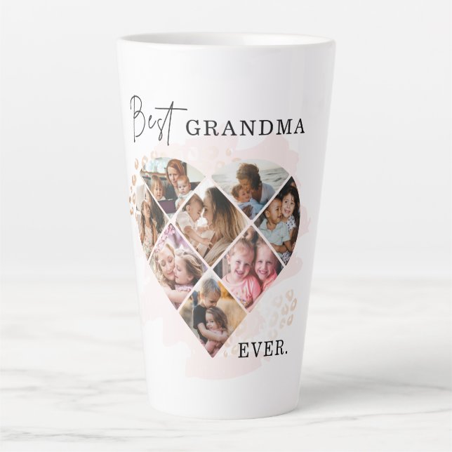 Family Photo Best Grandma Ever Heart Shape 8 Photo Latte Mug (Front)