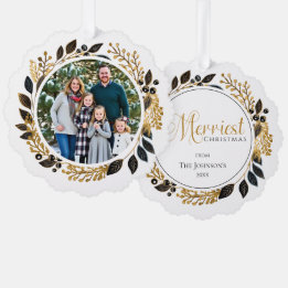 Family Photo Black Gold Wreath Merriest Christmas Tree Decoration Card