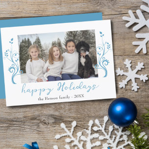 Family Photo Blue Foliage Christmas Happy Holiday Card