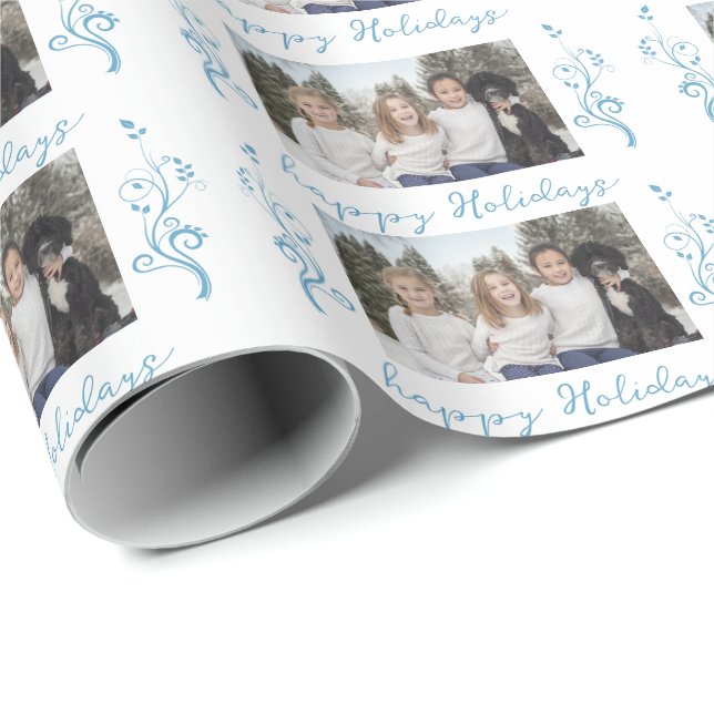 Family Photo Blue Foliage Christmas Happy Holiday Wrapping Paper (Roll Corner)