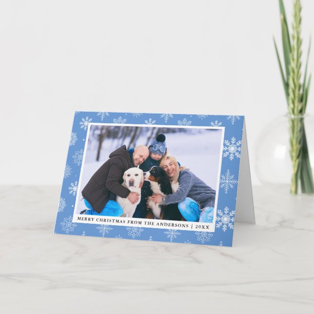 Family Photo Blue Merry Christmas Snowflakes Holiday Card (Front)